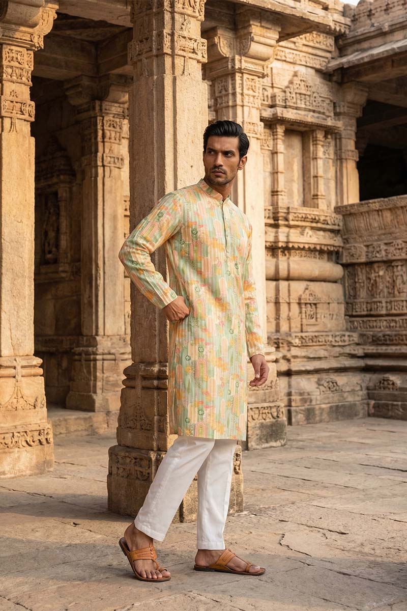Green Silk Blend Printed Straight Kurta | SHOBITAM