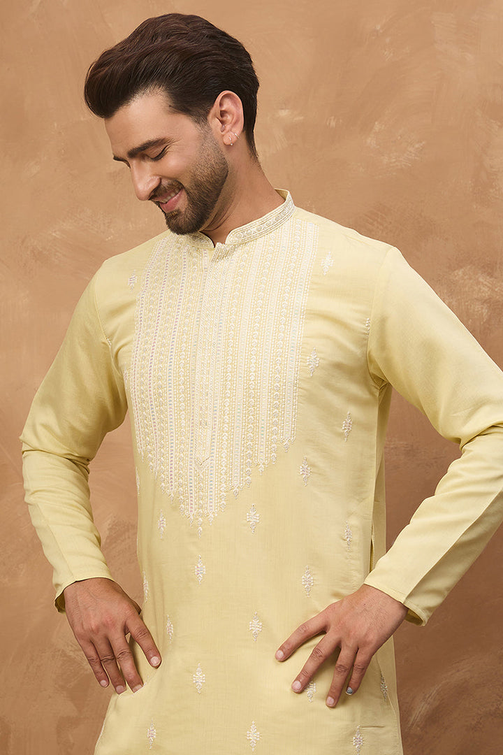 Yellow Silk Blend Solid Embroidered Straight Kurta | SHOBITAM
