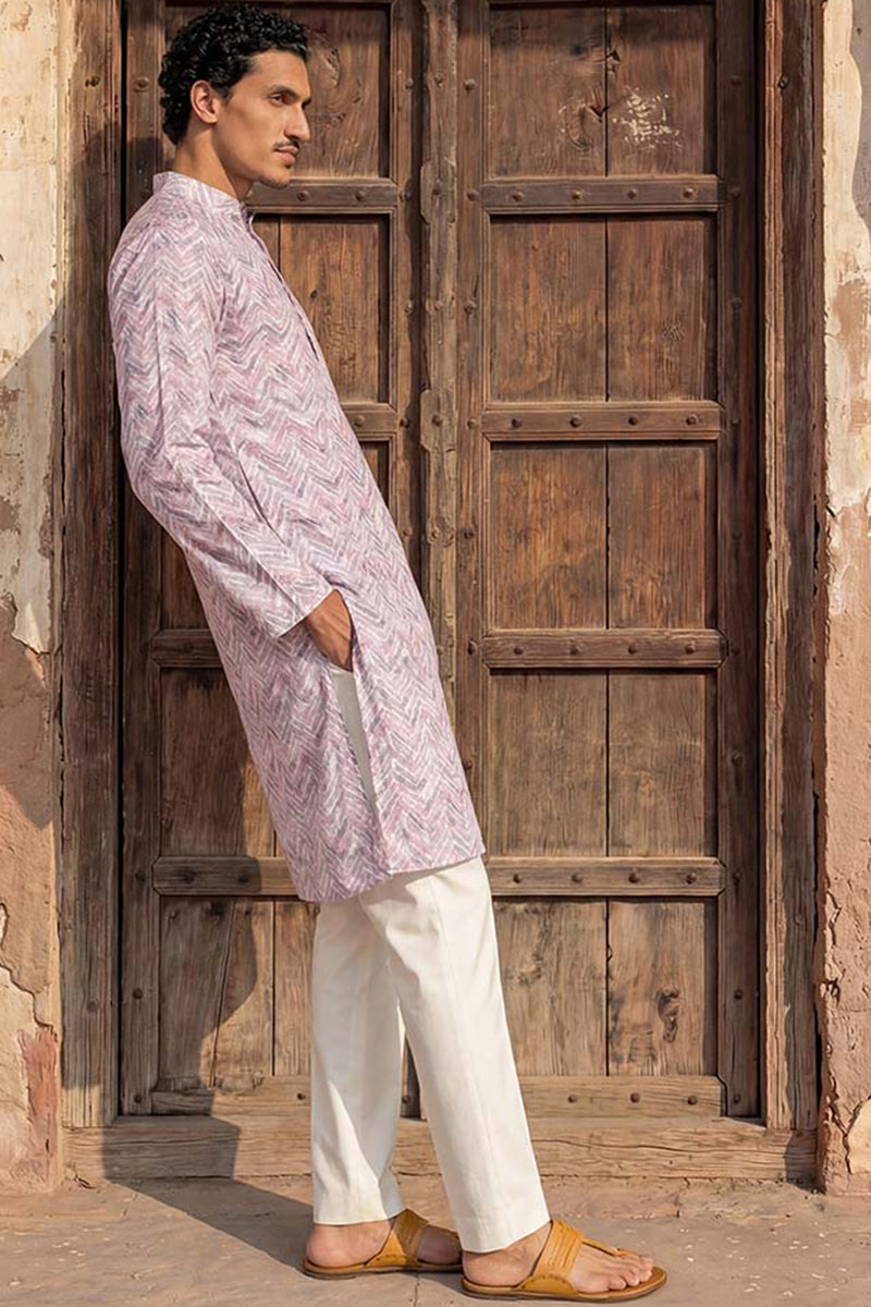 Lavender Linen Printed Straight Kurta With Trousers | SHOBITAM