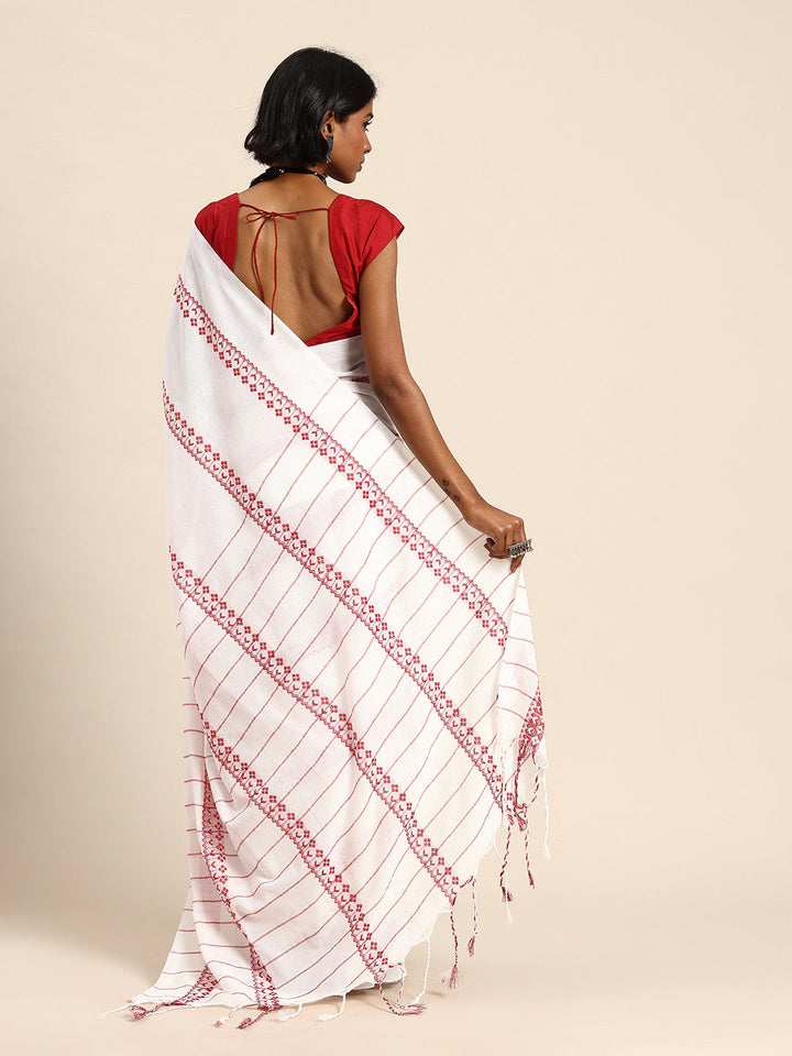 White Red Pure Cotton Saree with Blouse piece | SHOBITAM