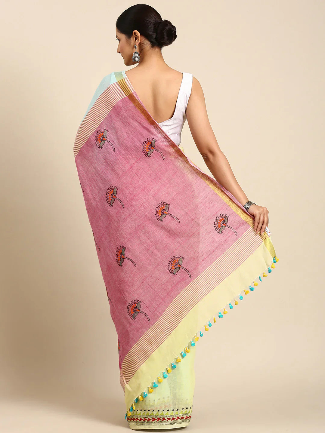 Blue Pink Pure Cotton Kantha Stitch saree