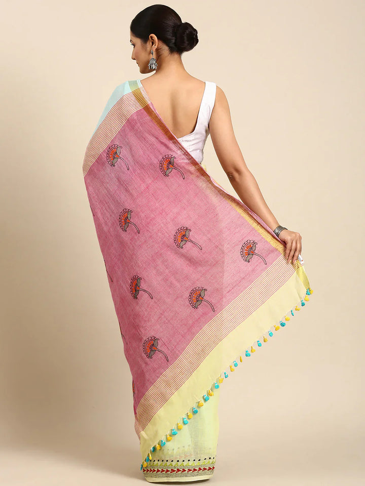 Blue Pink Pure Cotton Kantha Stitch saree