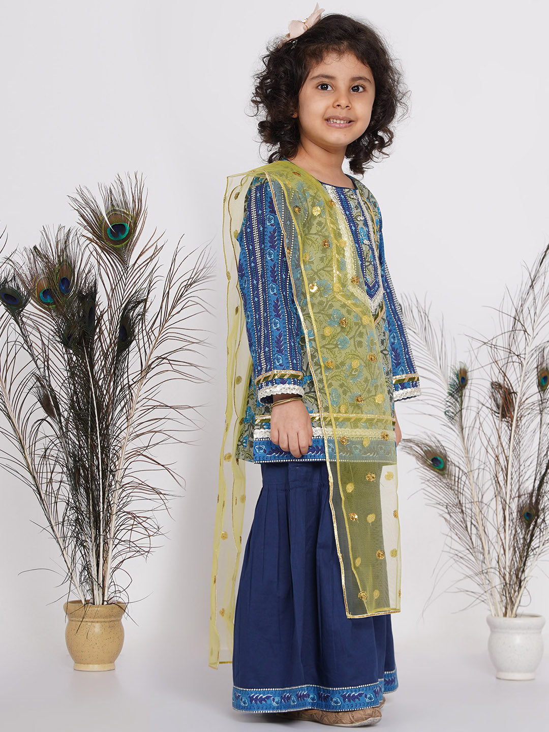 Girls Lacework Floral Kurta with Sharara and Dupatta in Indigo Blue and Green | SHOBITAM