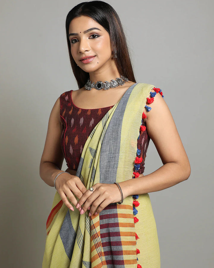 Green Handloom Jamdani Cotton Saree with Stripes Border