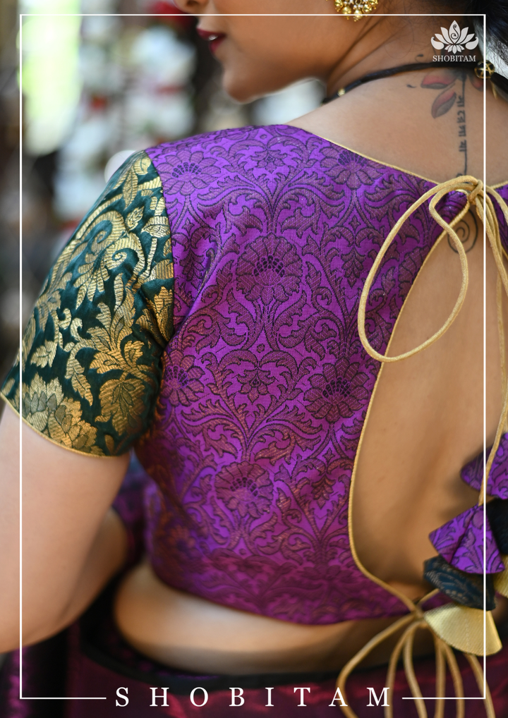 Purple and Black Banarasi Brocade Blouse with Tie back design | SHOBITAM