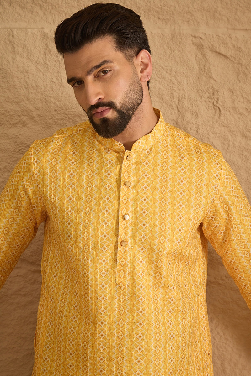 Yellow Silk Blend Geometric Embroidered Straight Kurta with Trouser  | SHOBITAM