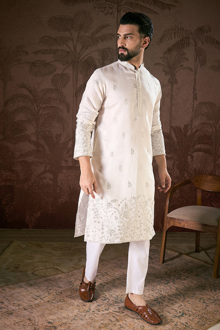 White Silk Blend Floral Embroidered Straight Kurta | SHOBITAM