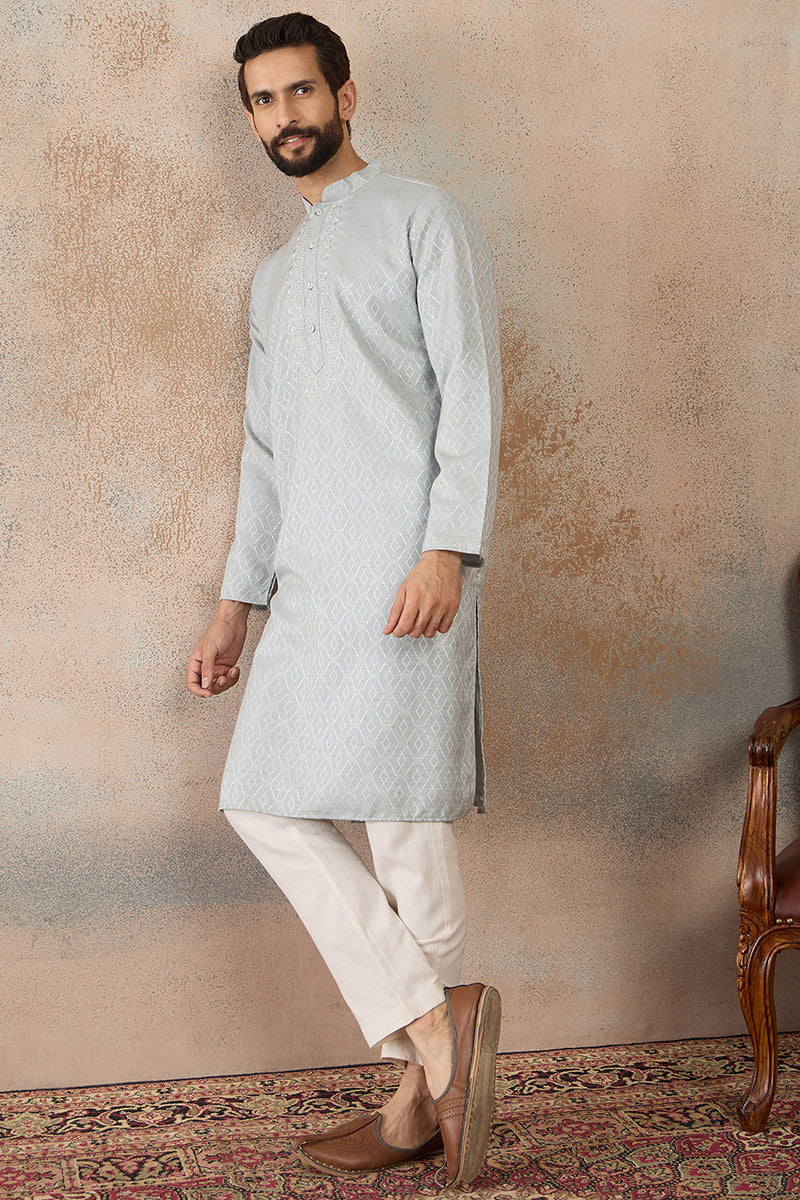 Mens Blue Linen Self Design Embroidered Kurta With Trouser | SHOBITAM