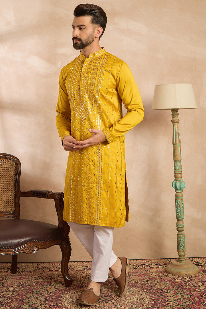 Yellow Silk Blend Geometric Embroidered Straight Kurta | SHOBITAM