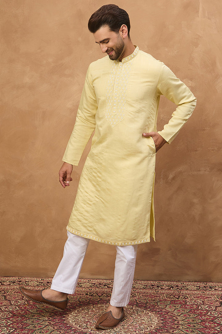 Yellow Silk Blend Solid Embroidered Straight Kurta  | SHOBITAM
