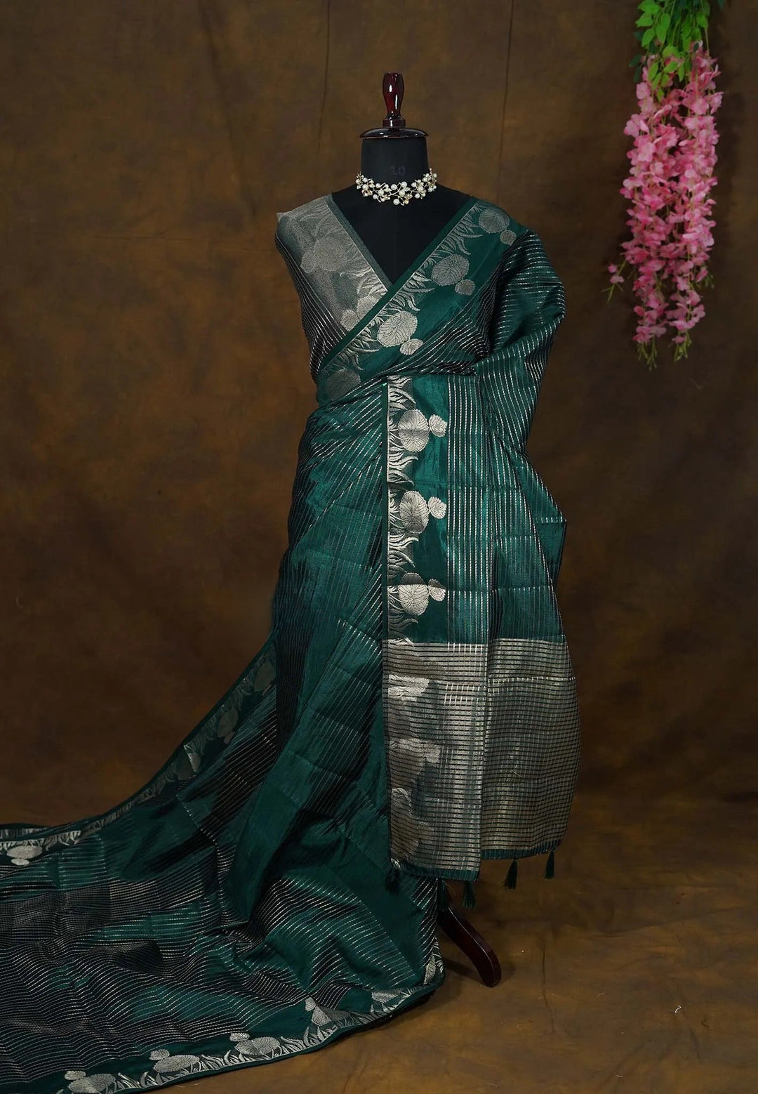 Hunter Green Zari Stripes Art Silk Saree with Zari detailing| SHOBITAM