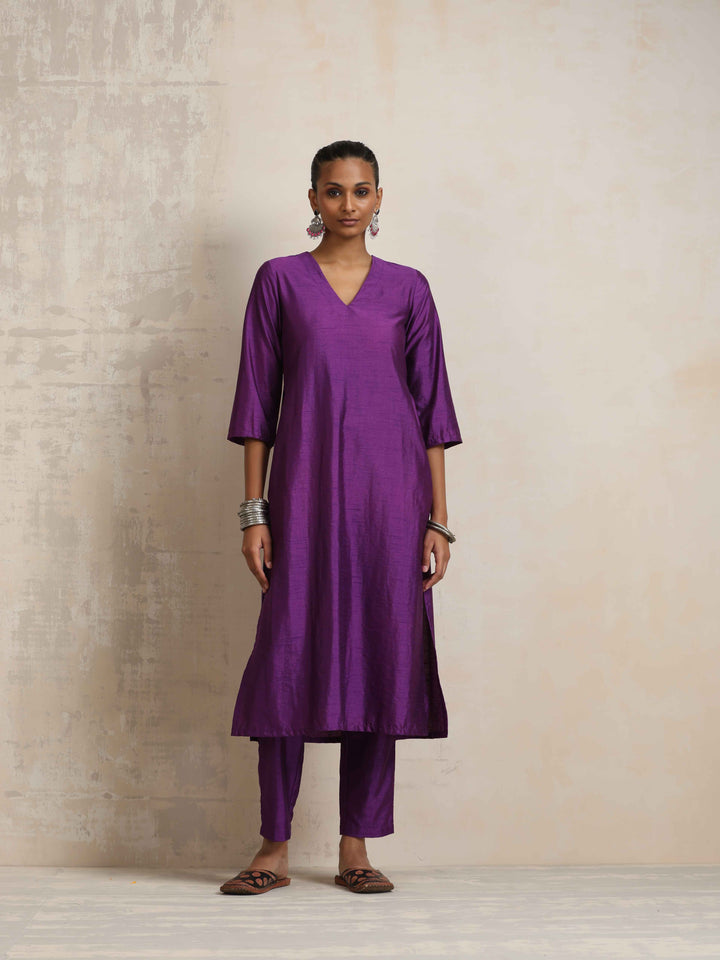 Purple Silk High Slit Kurta Set | SHOBITAM