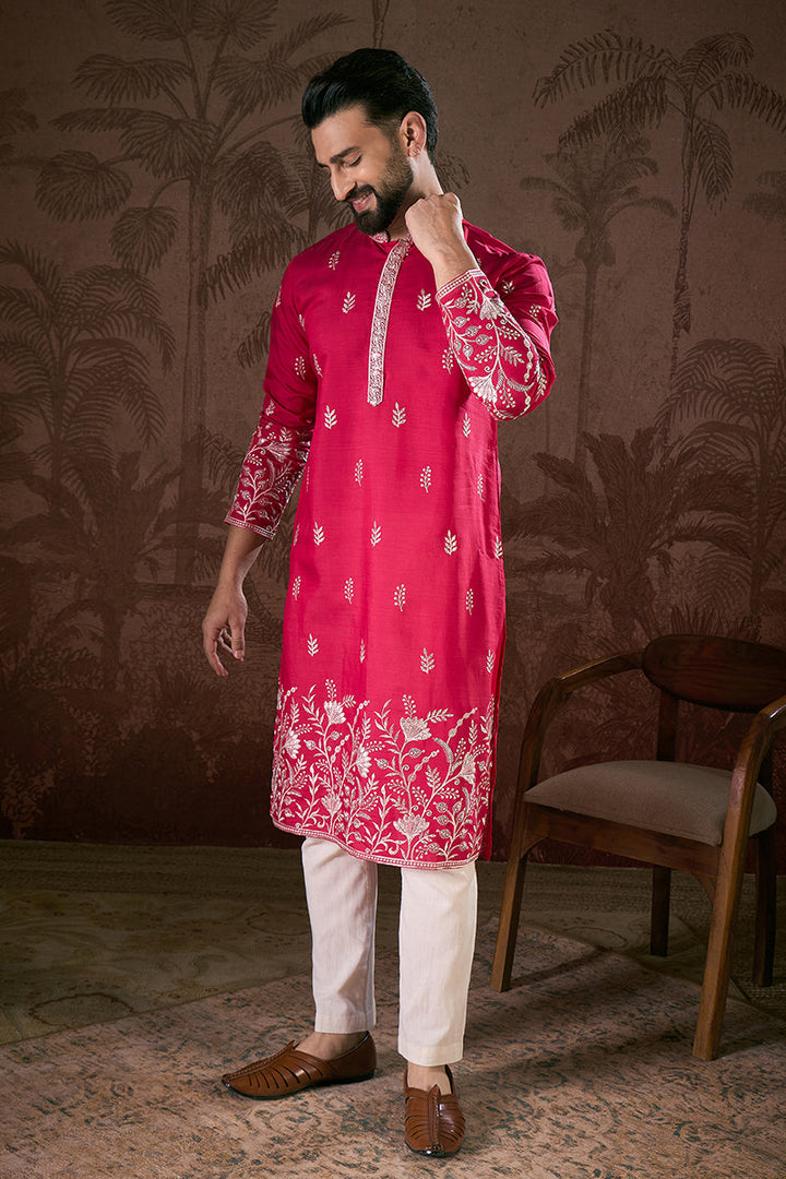 Pink Silk Blend Solid Embroidered Straight Kurta With Trouser | SHOBITAM