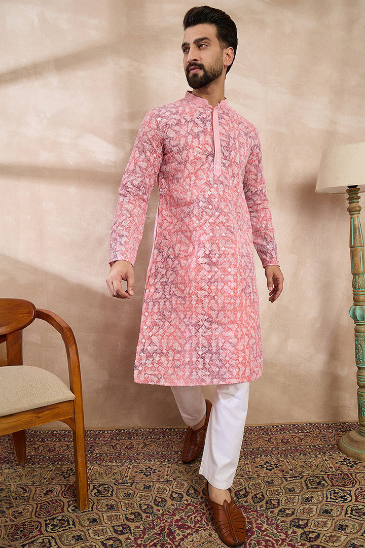 Pink Viscose Rayon Ethnic Motifs Embroidered Straight Kurta | SHOBITAM