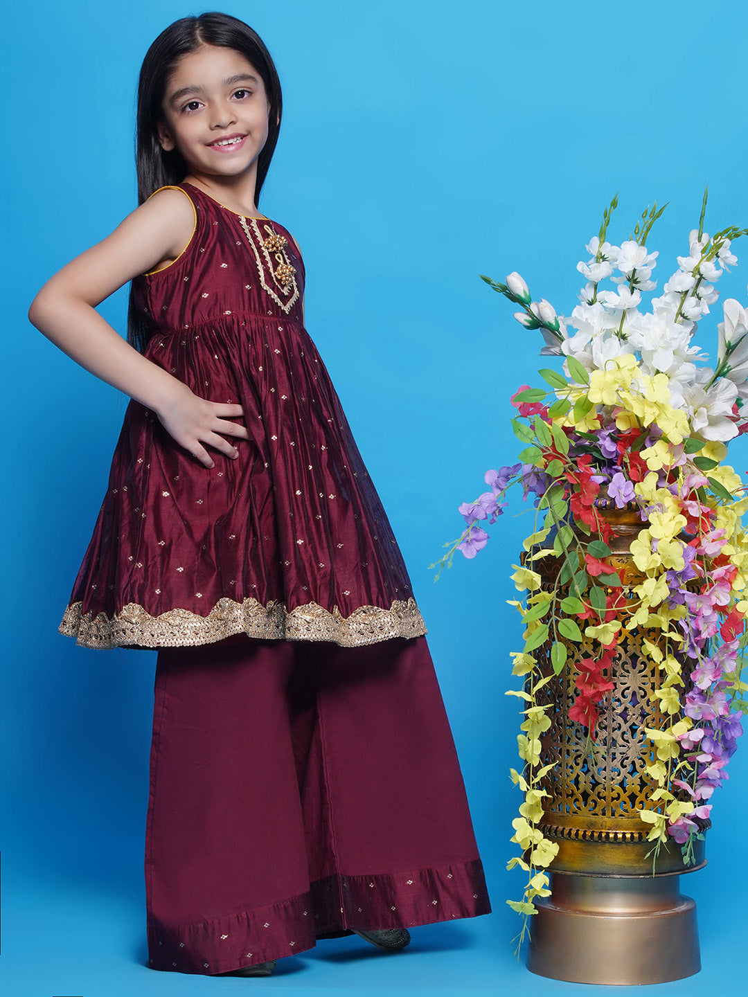 Girls Chanderi Cotton Sleeveless Kurta Frock with Plazzo and Dupatta with Boota, Lace & Tussel work - Pink | SHOBITAM