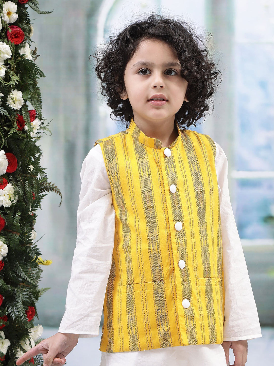 Yellow Ikat Nehru Jacket with Cotton Kurta Dhoti Set | SHOBITAM