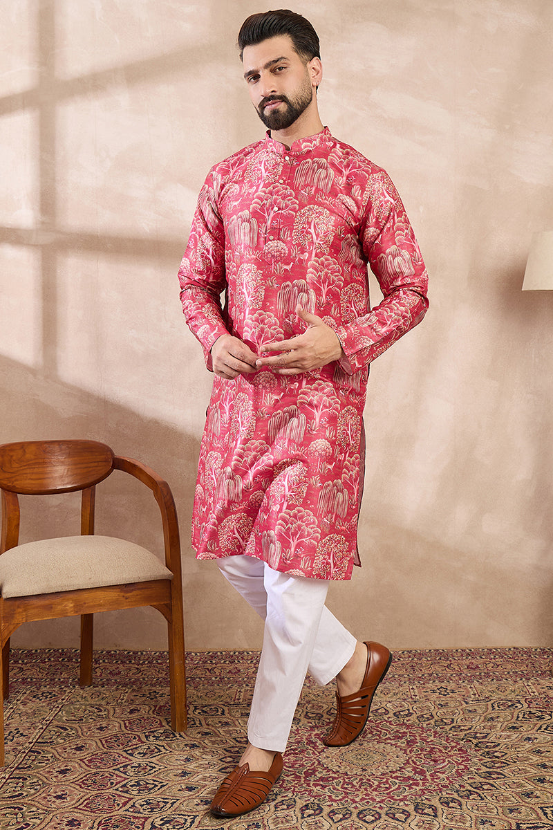 Pink Silk Blend Abstract Printed Straight Kurta For Men | SHOBITAM