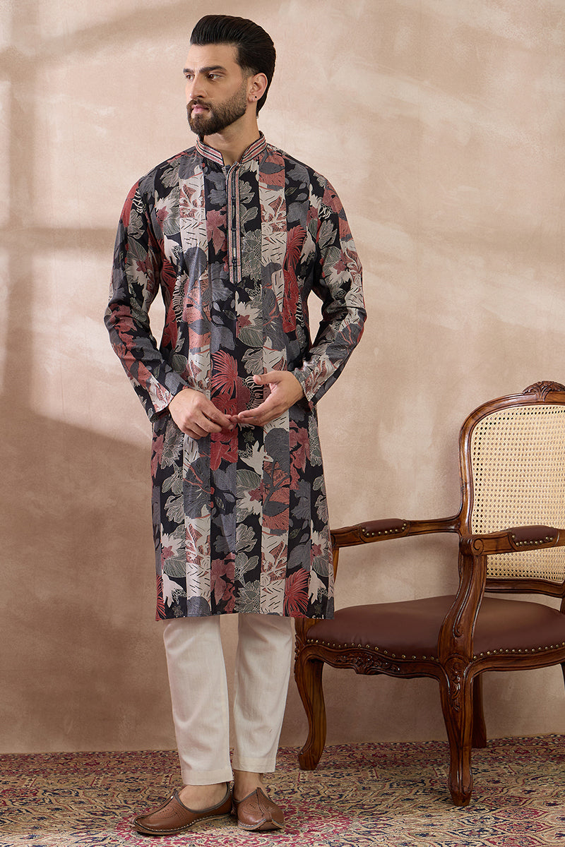Black Silk Blend Printed Mandarin Collar Straight Kurta For Men | SHOBITAM