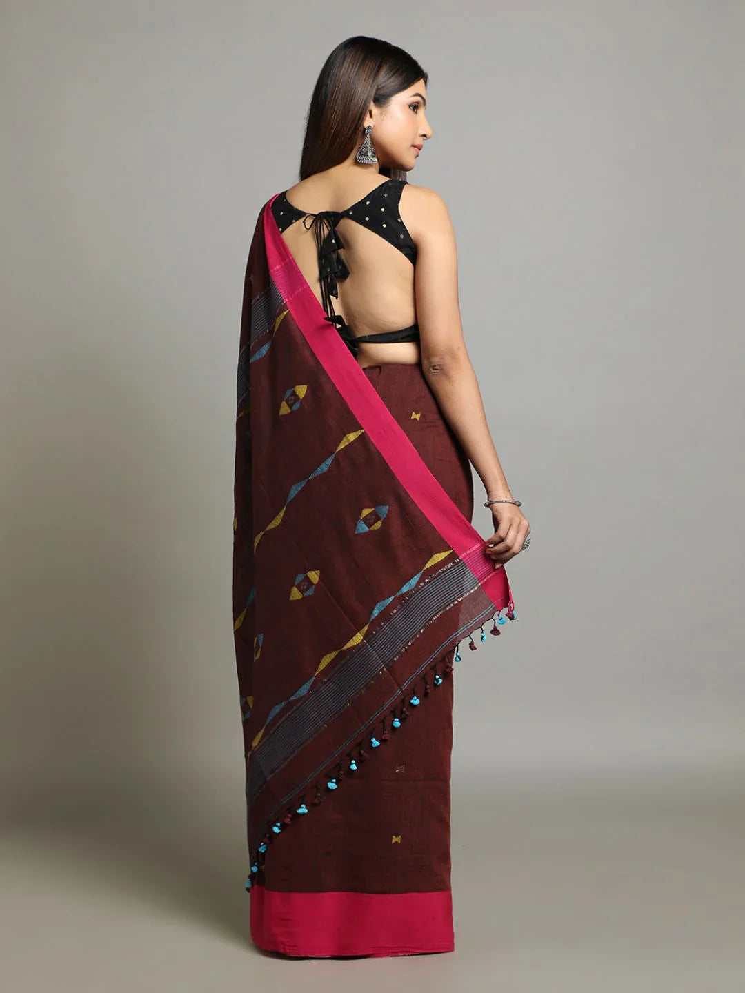 Brown Handloom Jamdani Cotton Saree With Blouse Piece