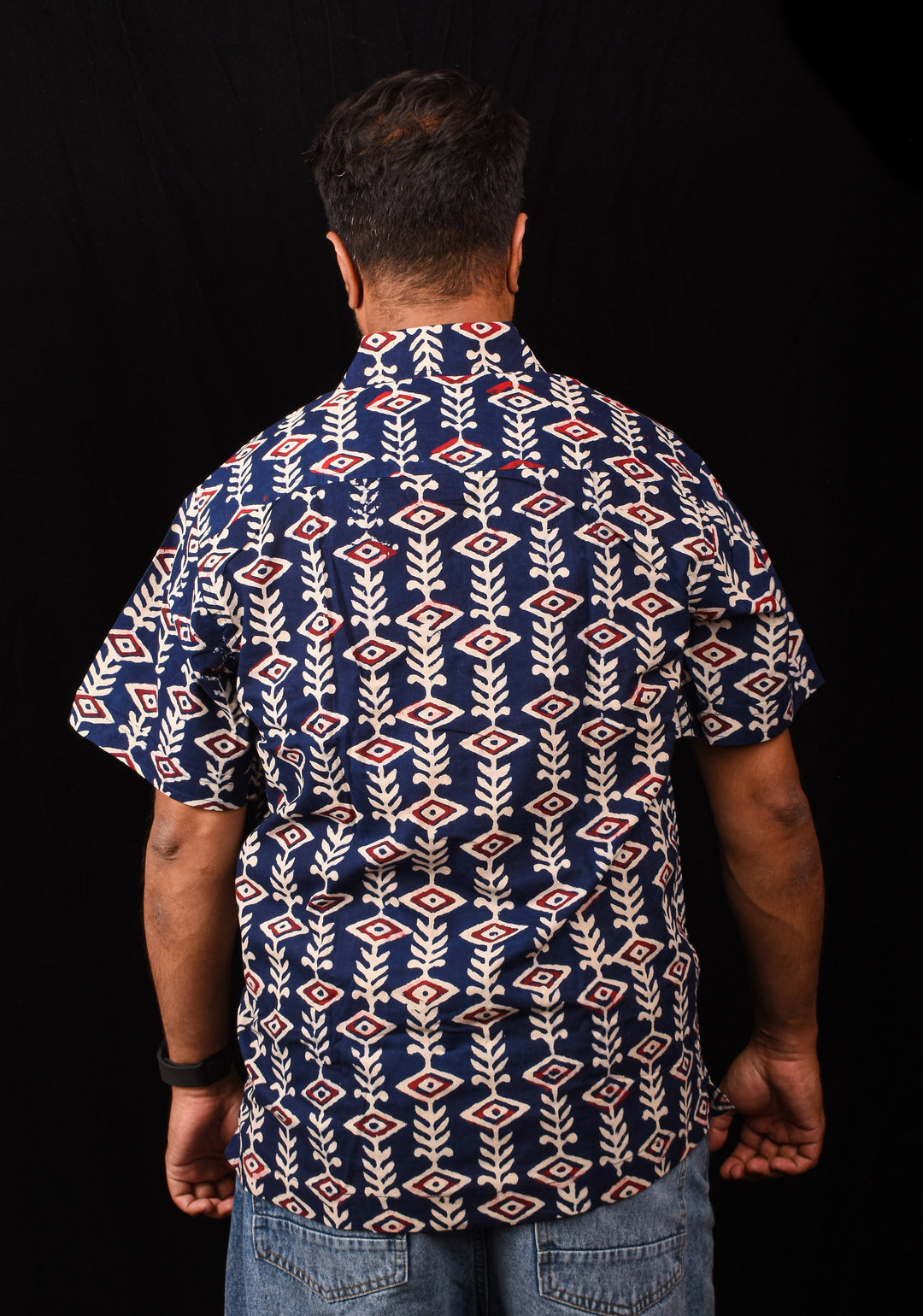 Blue White Red Handblock Printed Cotton Mens Shirt