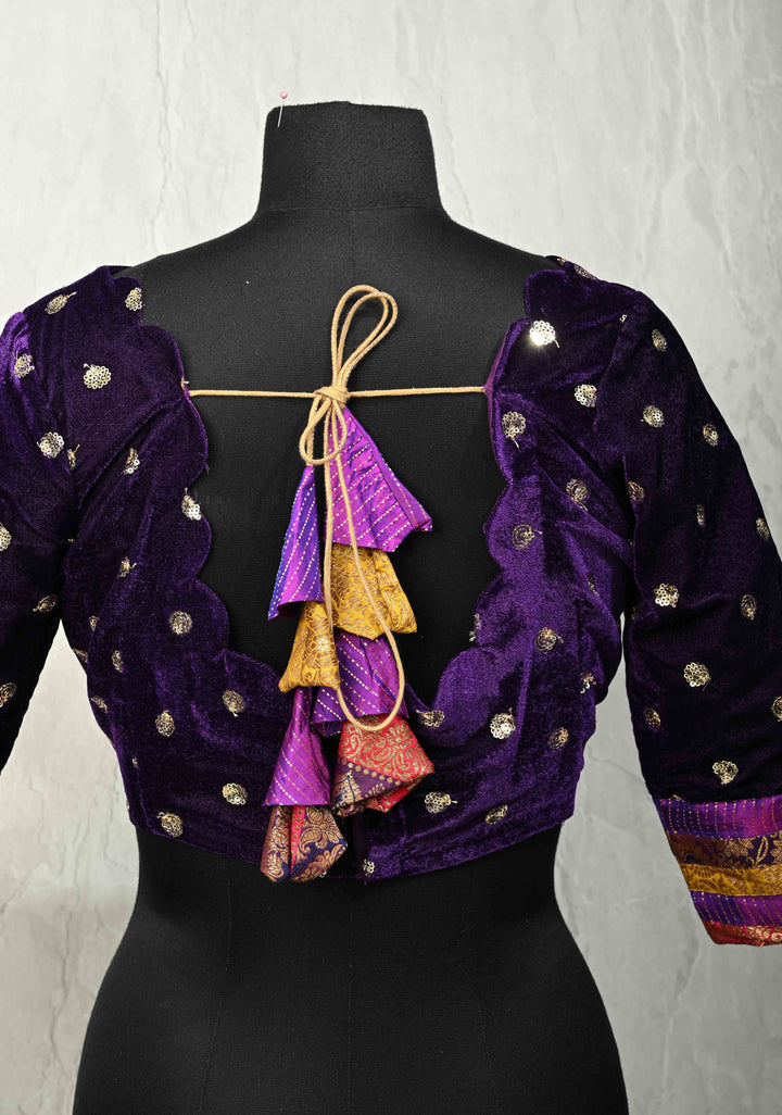 SIZE 40" Deep Purple Velvet 3/4 Sleeve Blouse with Sequins Buttas and Scallop Neckline