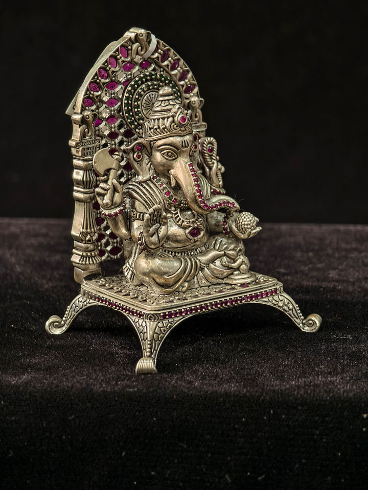 Pure 92.5 Silver Lord Ganesha 3D Idol with Throne and Kemp Stone Detailing