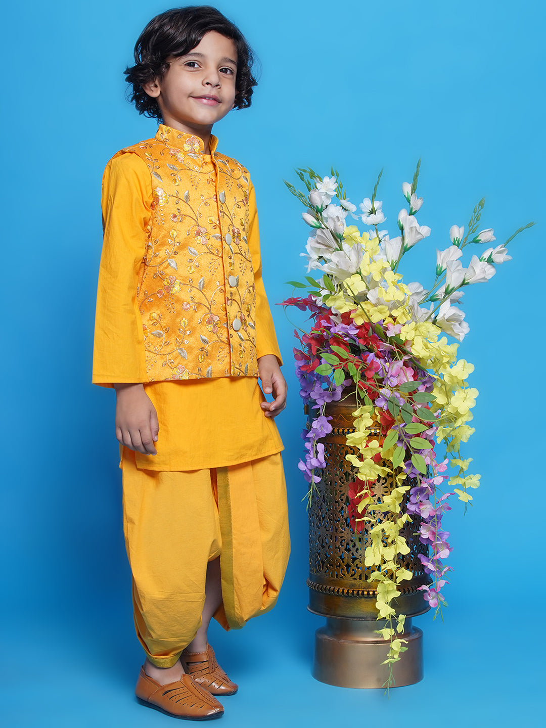 Boys Cotton Full Sleeves Kurta with Nehru Jacket and Dhoti with Floral Embrodiery -Haldi Yellow | SHOBITAM