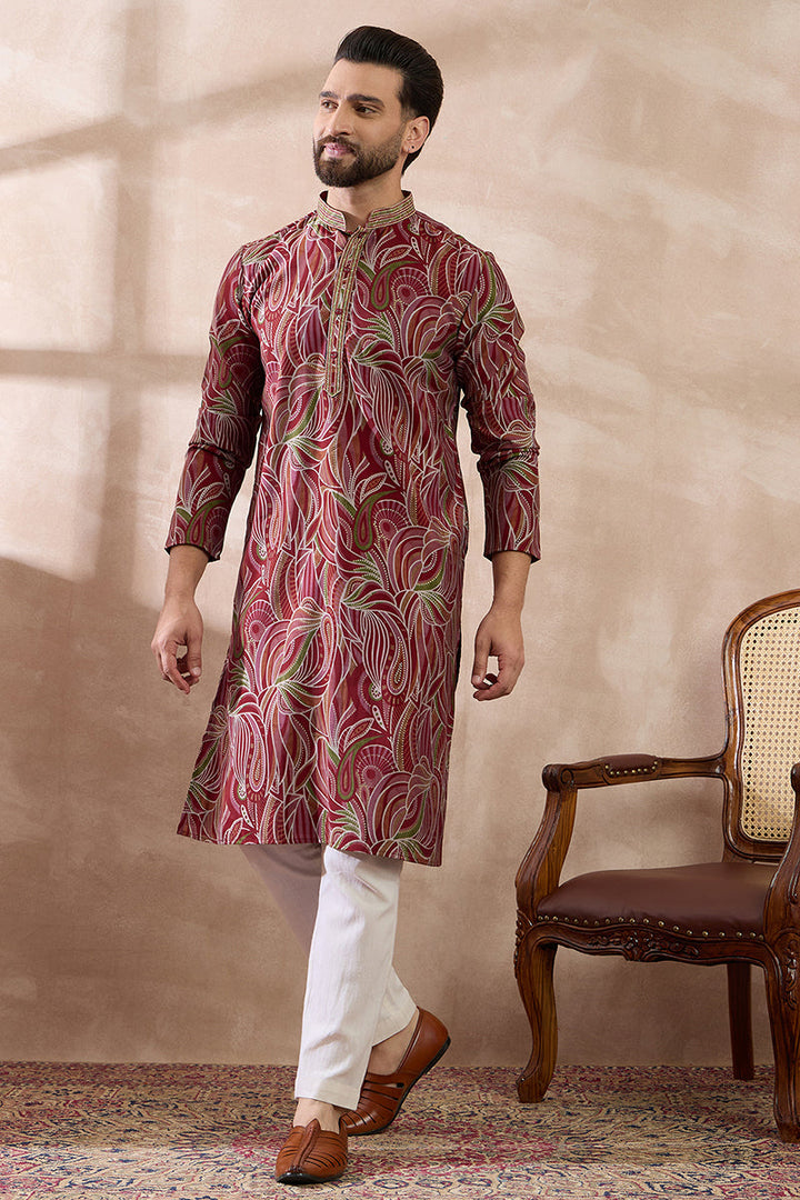 Red Silk Blend Printed Mandarin Collar Straight Kurta | SHOBITAM