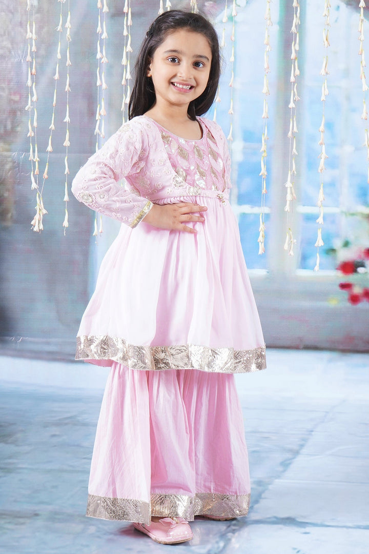 Girls Floral Sequin Embrodiery Kurta with Sharara and Dupatta with Lace Work | SHOBITAM