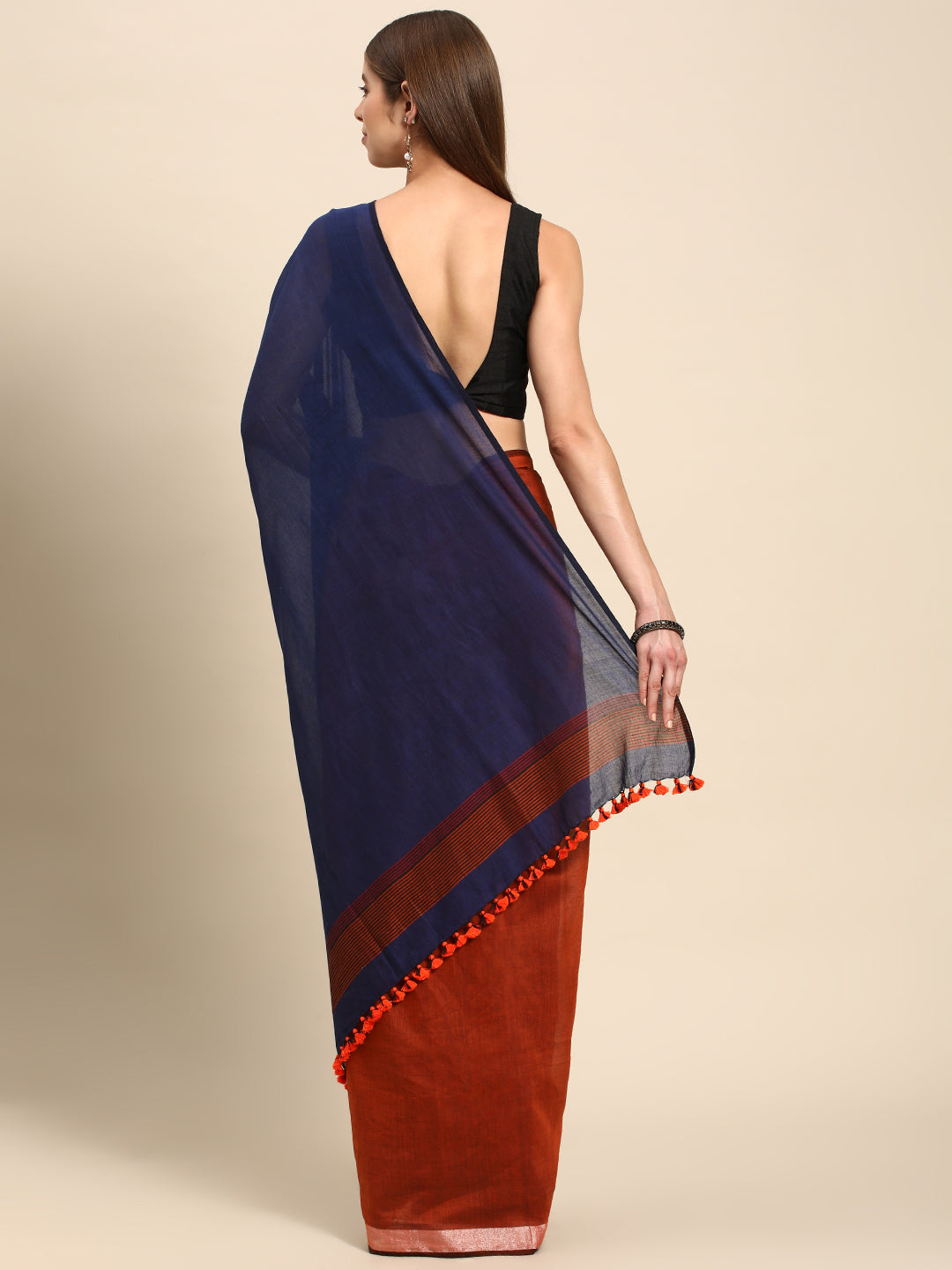 Navy Blue Colour block Cotton Saree with pompoms with Minimal Border No Blouse Piece