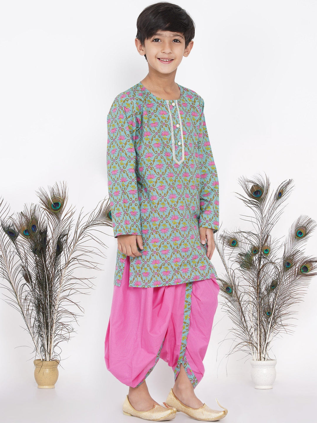Boys Floral Kurta with Pearl Buttons and Dhoti in Blue and Pink  | SHOBITAM