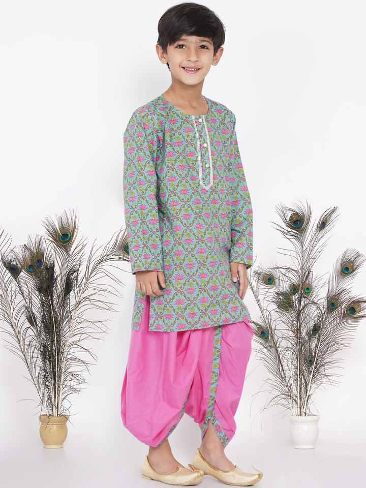 Boys Floral Kurta with Pearl Buttons and Dhoti in Blue and Pink  | SHOBITAM