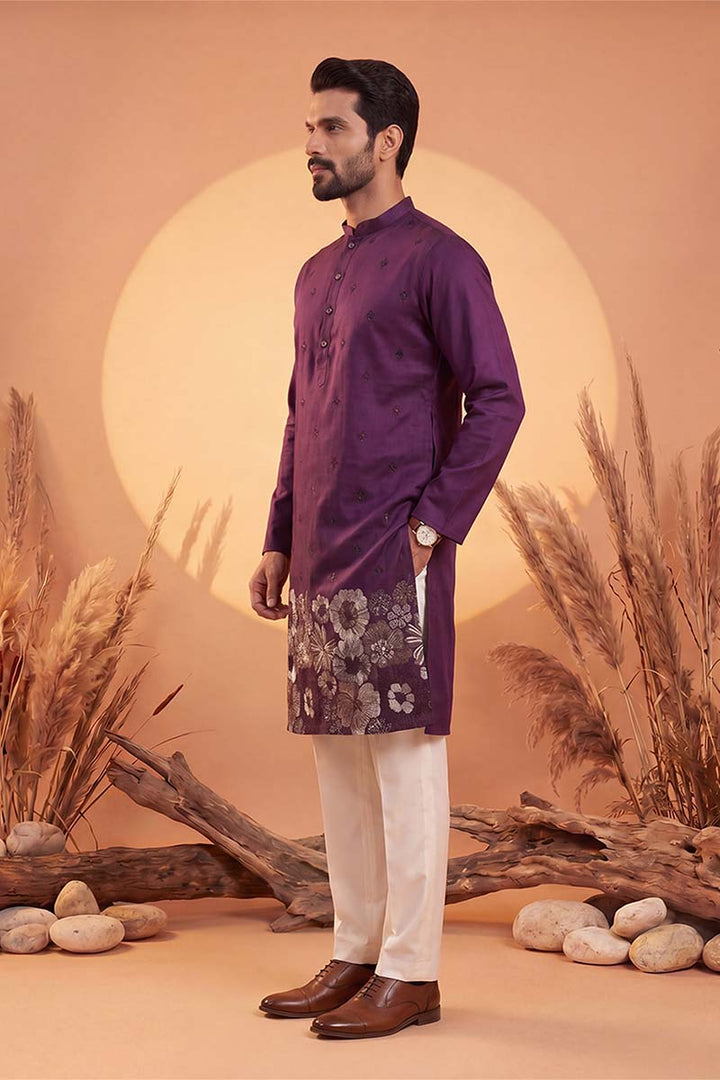 Mens Violet Silk Blend Solid Embroidered Kurta With Trousers | SHOBITAM
