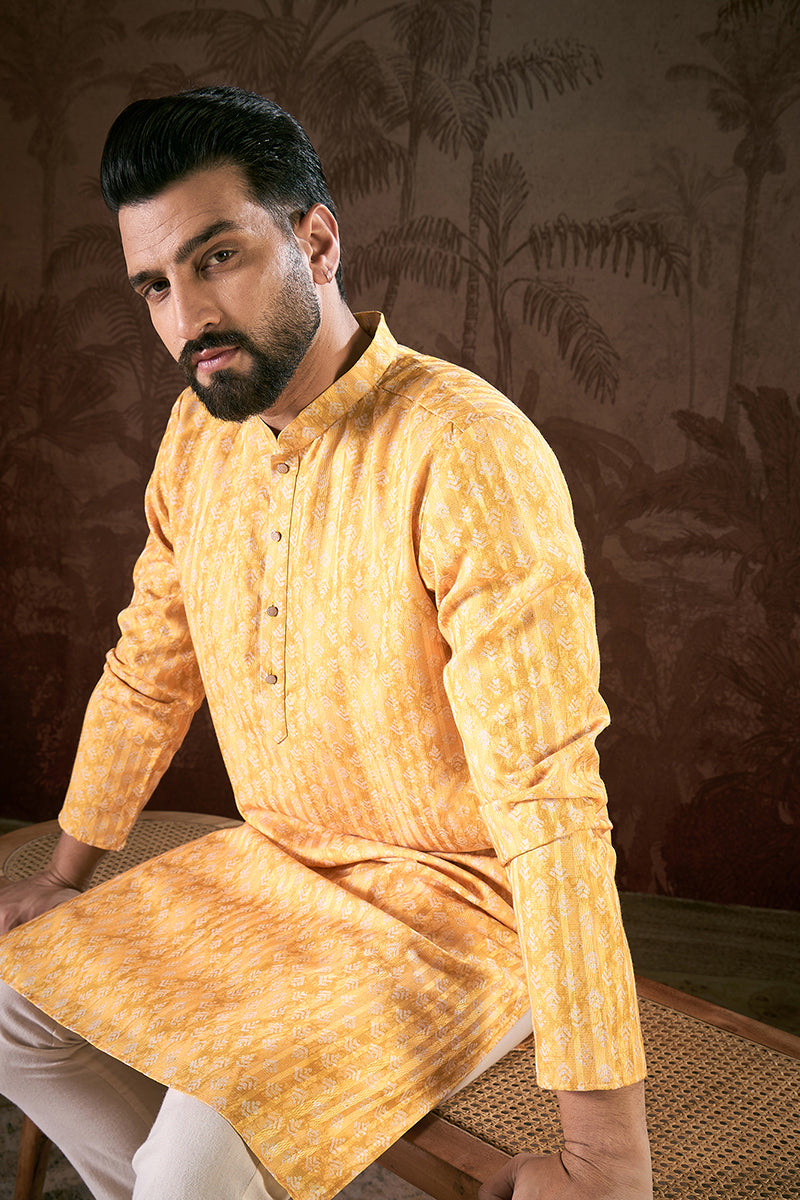 Yellow Silk Blend Ethnic Motifs Printed Straight Kurta For Men | SHOBITAM