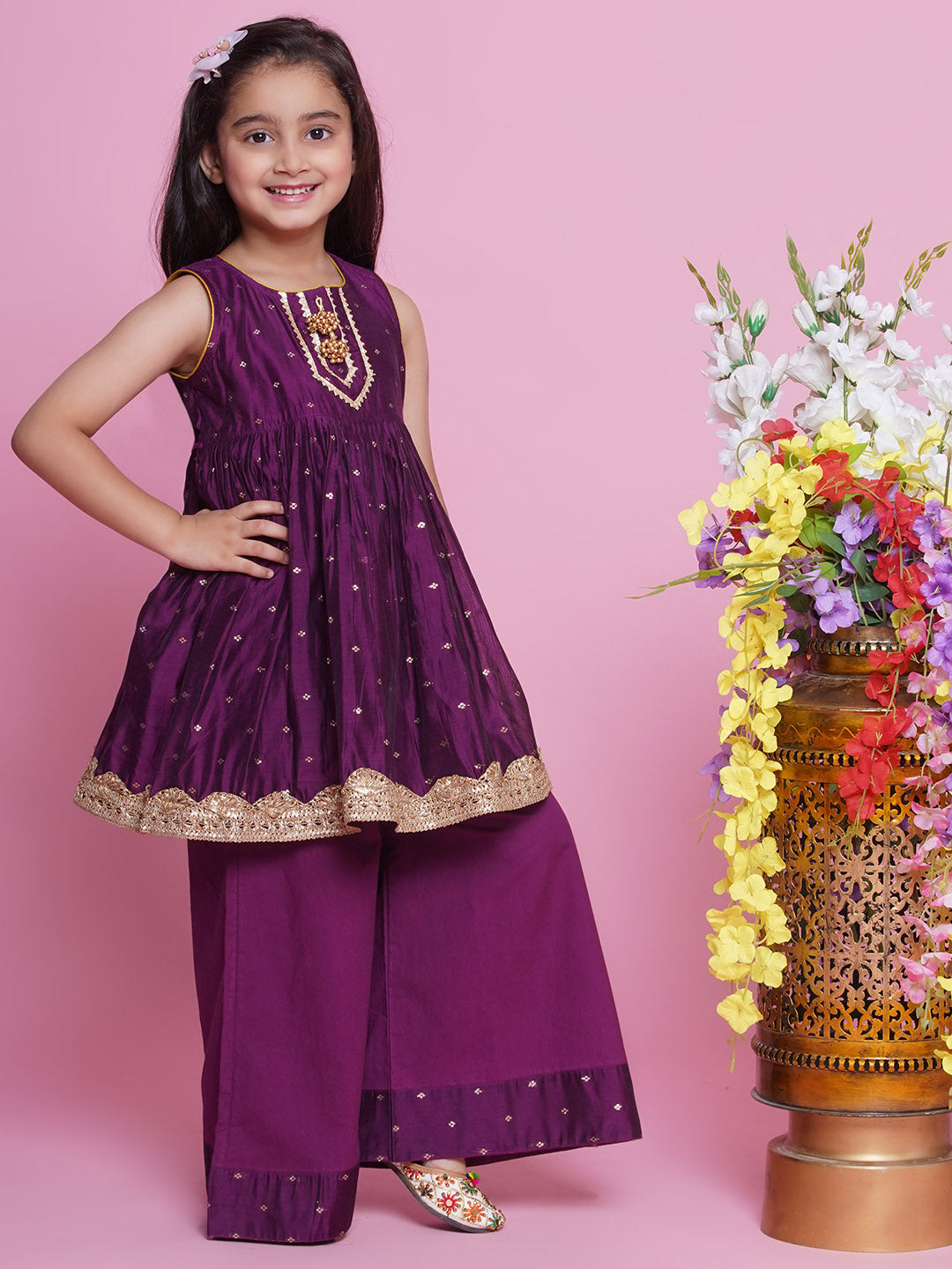 Girls Chanderi Cotton Sleeveless Kurta Frock with Plazzo and Dupatta with Boota, Lace & Tussel work - Royal Purple | SHOBITAM