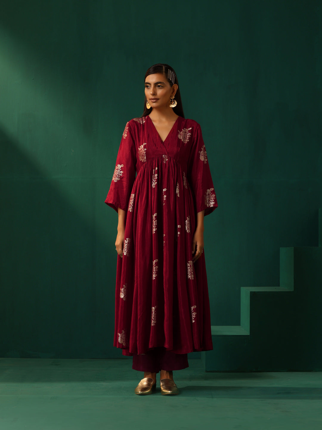 Maroon Floral Viscose Silk Kurta Pant Set  | SHOBITAM