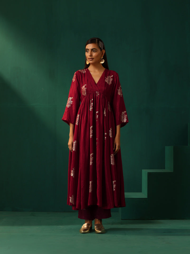 Maroon Floral Viscose Silk Kurta Pant Set  | SHOBITAM