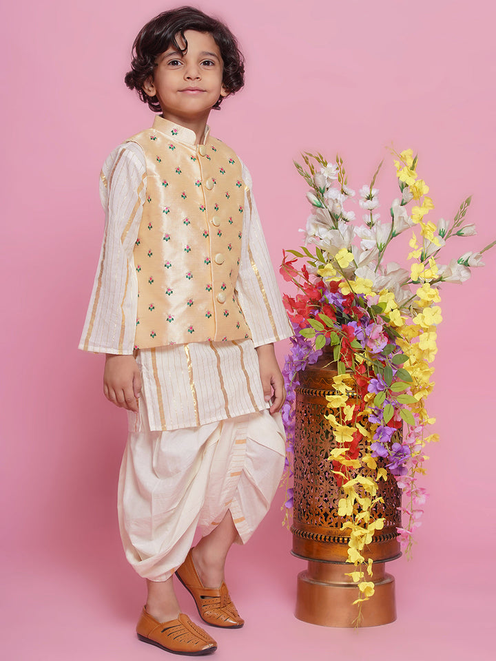 Cotton Full Sleeves Kurta with Floral Embroidery Nehru Jacket and Dhoti -Cream | SHOBITAM