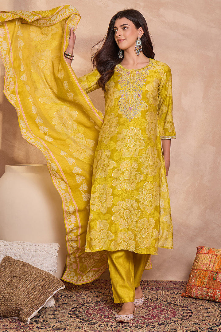 Yellow Poly Silk Floral Printed Straight Kurta Trouser With Dupatta | SHOBITAM