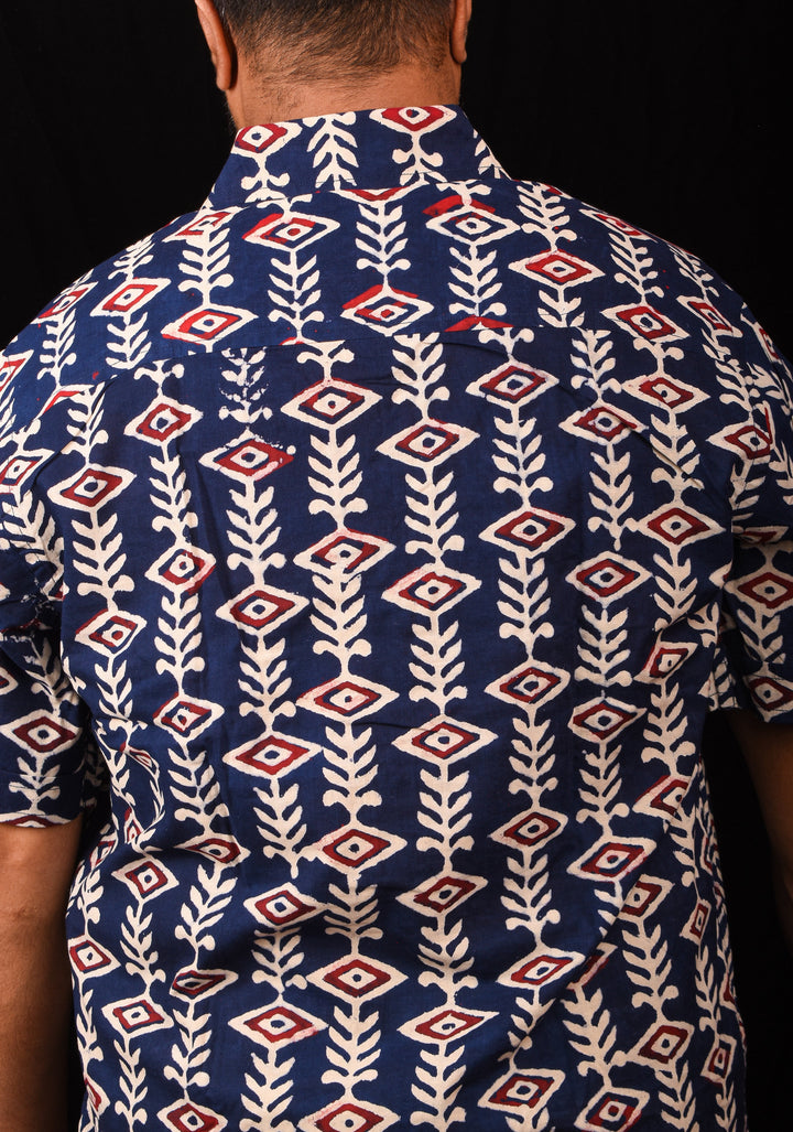 Blue White Red Handblock Printed Cotton Mens Shirt