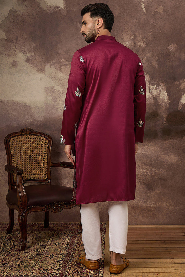Maroon Silk Blend Solid Embroidered Straight Kurta with Trouser  | SHOBITAM
