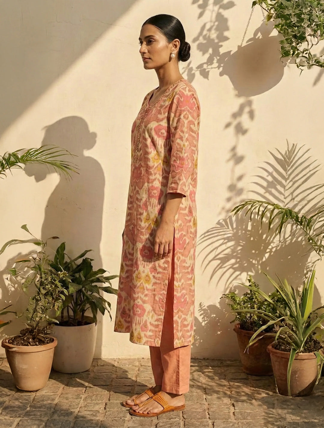 Peach Ikat Print Embroidered Kurta Pant Dupatta Set | SHOBITAM