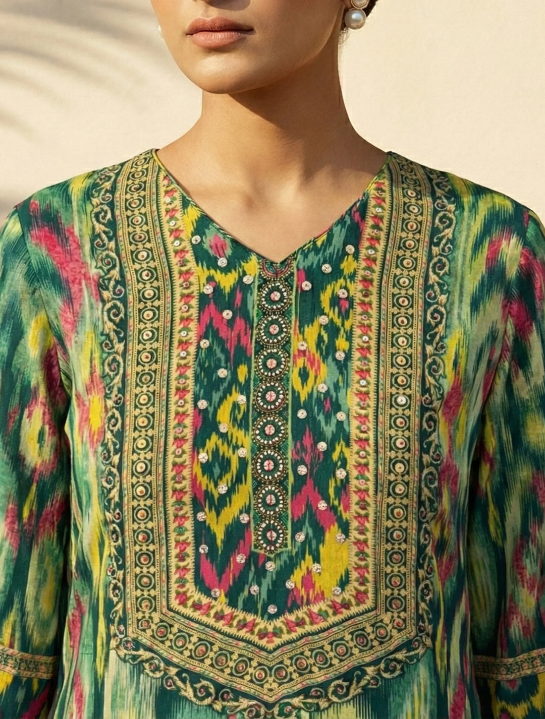 Green Ikat Print Embroidered V-Neck Kurta Pant Dupatta Set | SHOBITAM