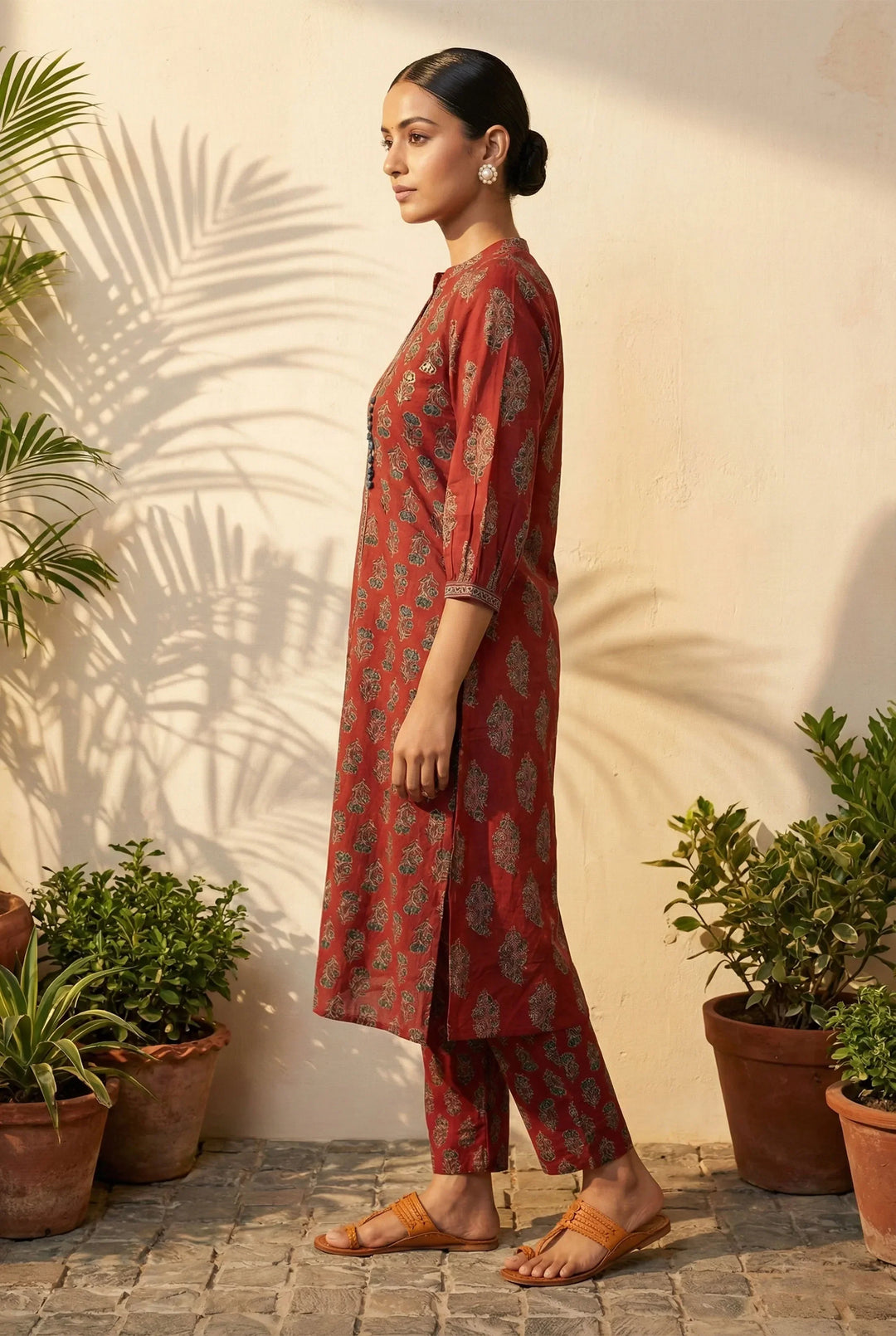 Rust Boota Print Angrakha Kurta Pant Dupatta Set | SHOBITAM