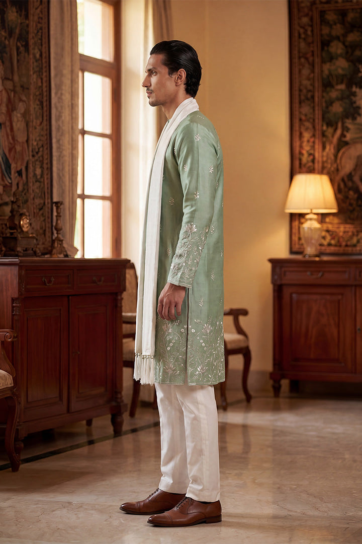 Men Green Silk Blend Solid Embroidered Straight Kurta Sets  | SHOBITAM