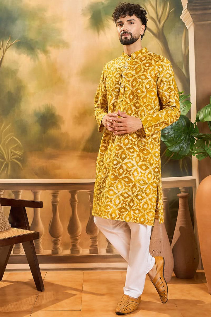Yellow Pure Cotton Shibori Embroidered Straight Kurta with Trouser | SHOBITAM