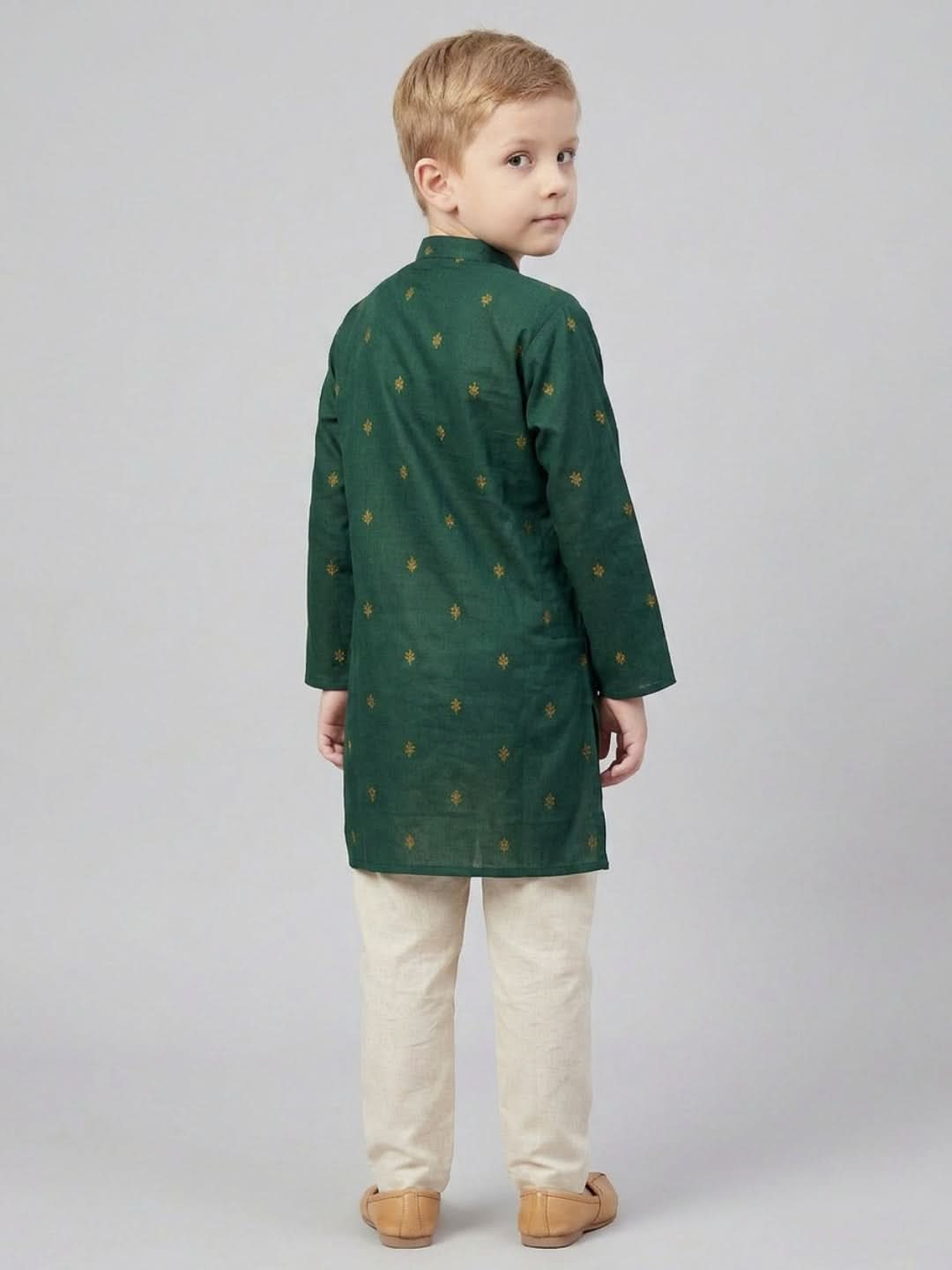 Boys Green Printed Mandarin Collar Cotton Kurta Set | SHOBITAM