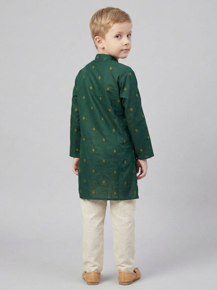 Boys Green Printed Mandarin Collar Cotton Kurta Set | SHOBITAM