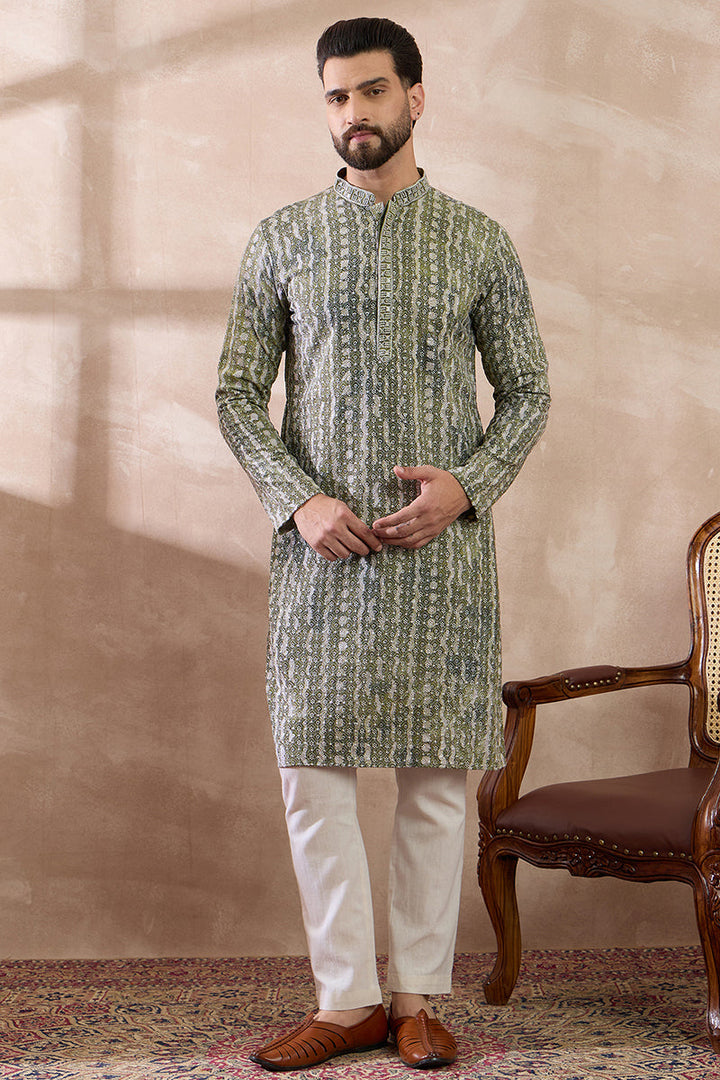 Green Silk Blend Printed Mandarin Collar Straight Kurta | SHOBITAM
