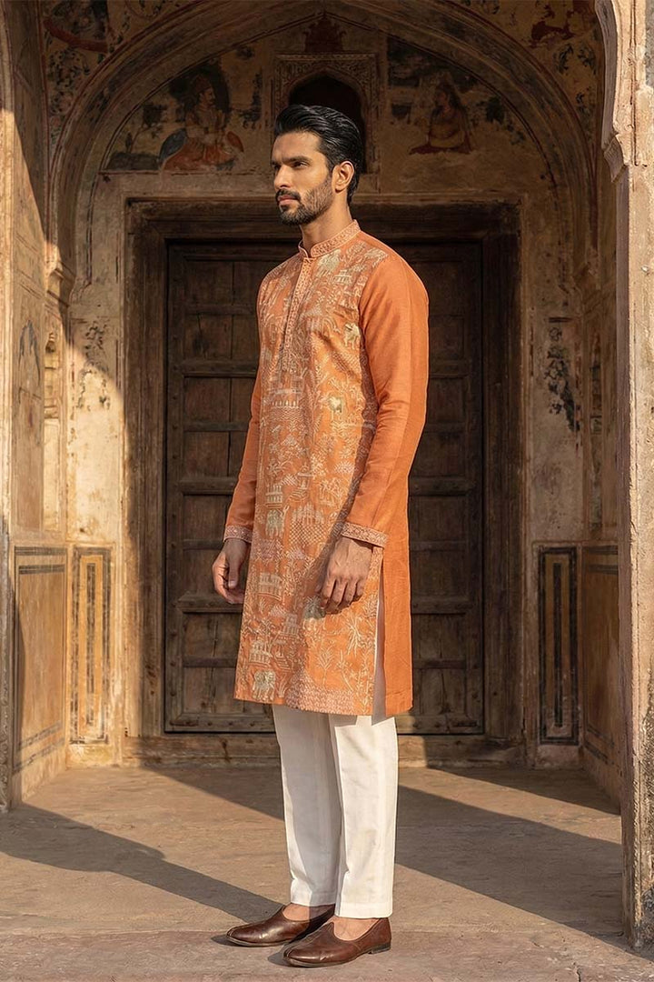 Peach Viscose Rayon Embroidered Straight Kurta | SHOBITAM